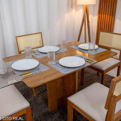 Mesa de Jantar Salina 120x80 Tampo Londres Cinamomo Cel Mveis + 4 Cad. Santorini Linho Bege Madeira - Minas Plac