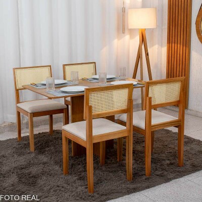 Mesa de Jantar Salina 120x80 Tampo Londres Cinamomo Cel Mveis + 4 Cad. Santorini Linho Bege Madeira - Minas Plac
