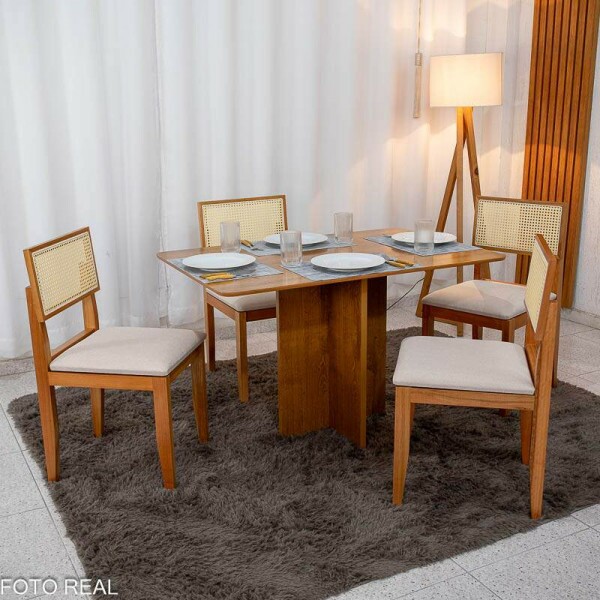 Mesa de Jantar Salina 120x80 Tampo Londres Cinamomo Cel Mveis + 4 Cad. Santorini Linho Bege Madeira - Minas Plac
