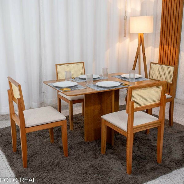 Mesa de Jantar Salina 120x80 Tampo Londres Cinamomo Cel Mveis + 4 Cad. Santorini Linho Bege Madeira - Minas Plac