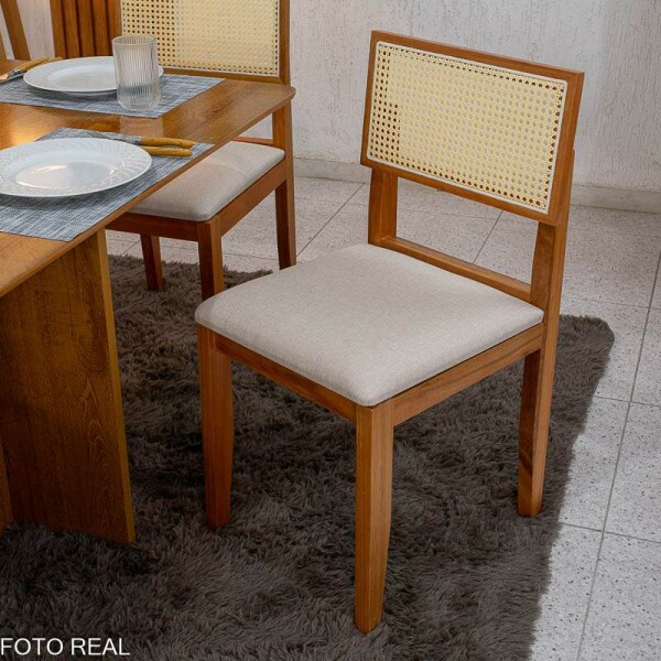 Mesa de Jantar Salina 120x80 Tampo Londres Cinamomo Cel Mveis + 4 Cad. Santorini Linho Bege Madeira - Minas Plac