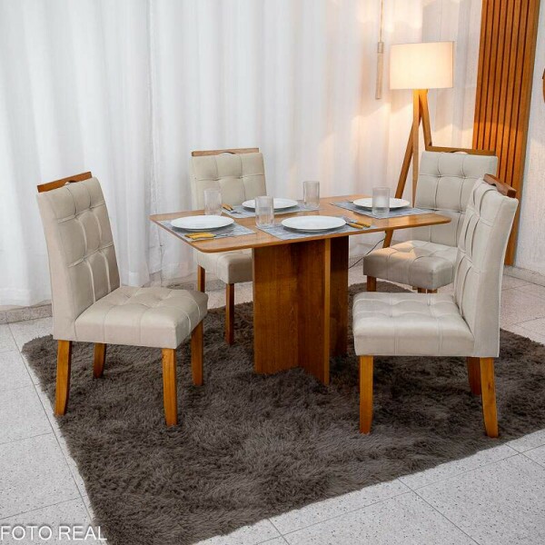 Mesa de Jantar Salina 120x80 Londres Cinamomo Cel + 4 Cad. Londres Veludo Avel Madeira Minas Plac - Entregue Montada