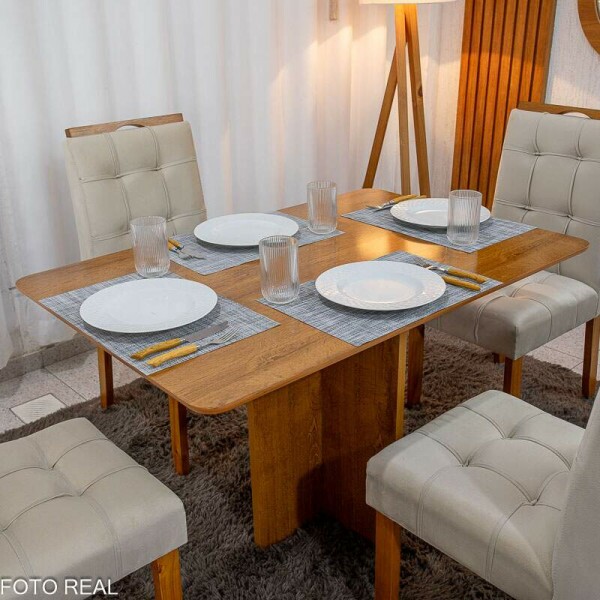 Mesa de Jantar Salina 120x80 Londres Cinamomo Cel + 4 Cad. Londres Veludo Avel Madeira Minas Plac - Entregue Montada