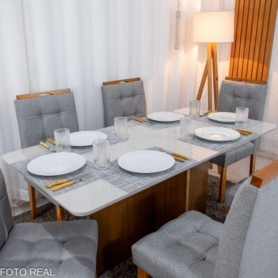 Mesa de Jantar Moscou 160x80 Vidro Off/Base Cinamomo + 6 Cad. Londres Linho Cinza Madeira Minas Plac - Entregue Montada