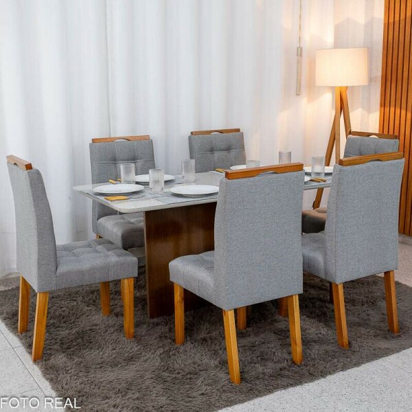 Mesa de Jantar Moscou 160x80 Vidro Off/Base Cinamomo + 6 Cad. Londres Linho Cinza Madeira Minas Plac - Entregue Montada