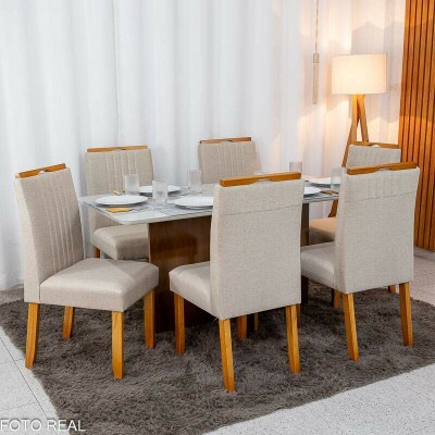 Mesa de Jantar Moscou 160x80 Vidro Off/Base Cinamomo + 6 Cad. Atlanta Linho Bege Cru Madeira Minas Plac - Entregue Montada