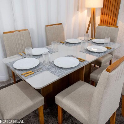Mesa de Jantar Moscou 160x80 Vidro Off/Base Cinamomo + 6 Cad. Atlanta Linho Bege Cru Madeira Minas Plac - Entregue Montada