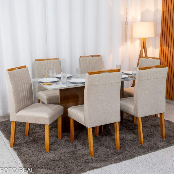 Mesa de Jantar Moscou 160x80 Vidro Off/Base Cinamomo + 6 Cad. Atlanta Linho Bege Cru Madeira Minas Plac - Entregue Montada