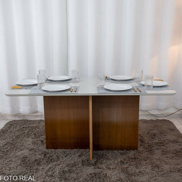 Mesa de Jantar Moscou 160x80 Vidro Off/Base Cinamomo + 6 Cad. Atlanta Linho Bege Cru Madeira Minas Plac - Entregue Montada