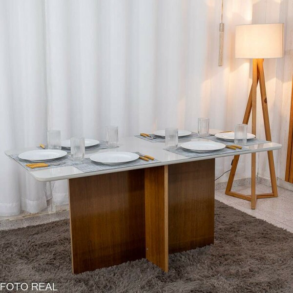 Mesa de Jantar Moscou 160x80 Vidro Off/Base Cinamomo + 6 Cad. Atlanta Linho Bege Cru Madeira Minas Plac - Entregue Montada