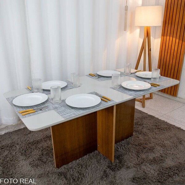 Mesa de Jantar Moscou 160x80 Vidro Off/Base Cinamomo + 6 Cad. Atlanta Linho Bege Cru Madeira Minas Plac - Entregue Montada