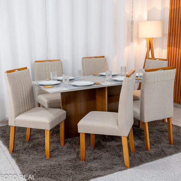 Mesa de Jantar Moscou 160x80 Vidro Off/Base Cinamomo + 6 Cad. Atlanta Linho Bege Cru Madeira Minas Plac - Entregue Montada
