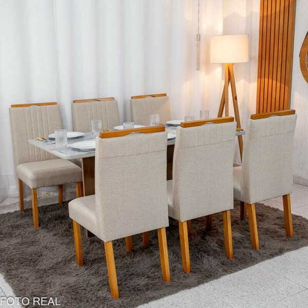 Mesa de Jantar Moscou 160x80 Vidro Off/Base Cinamomo + 6 Cad. Atlanta Linho Bege Cru Madeira Minas Plac - Entregue Montada