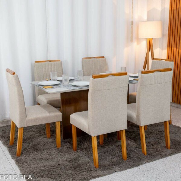 Mesa de Jantar Moscou 160x80 Vidro Off/Base Cinamomo + 6 Cad. Atlanta Linho Bege Cru Madeira Minas Plac - Entregue Montada