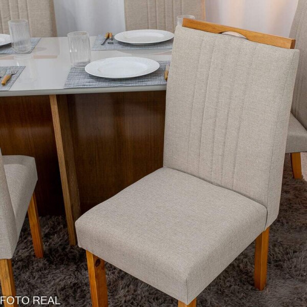 Mesa de Jantar Moscou 160x80 Vidro Off/Base Cinamomo + 6 Cad. Atlanta Linho Bege Cru Madeira Minas Plac - Entregue Montada