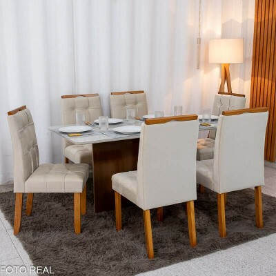 Mesa de Jantar Moscou 160x80 Vidro Off/Base Cinamomo + 6 Cad. Londres Veludo Avel Madeira Minas Plac - Entregue Montada