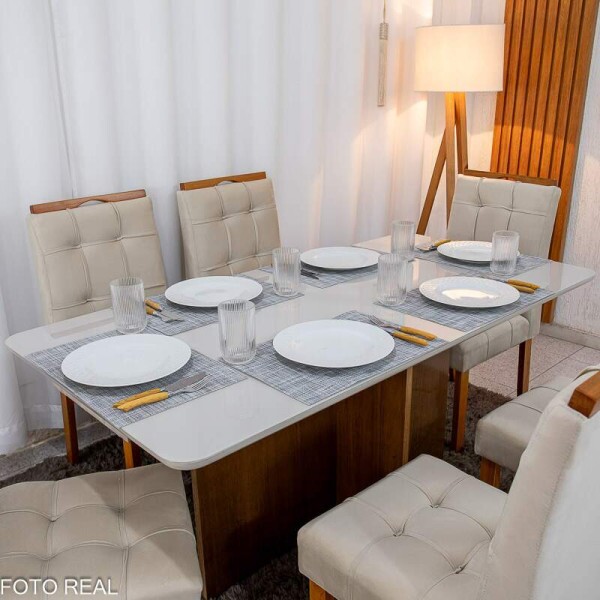 Mesa de Jantar Moscou 160x80 Vidro Off/Base Cinamomo + 6 Cad. Londres Veludo Avel Madeira Minas Plac - Entregue Montada