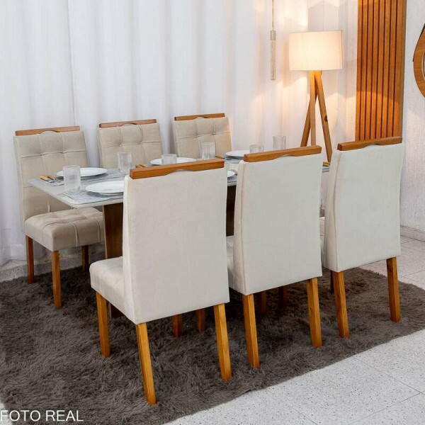 Mesa de Jantar Moscou 160x80 Vidro Off/Base Cinamomo + 6 Cad. Londres Veludo Avel Madeira Minas Plac - Entregue Montada
