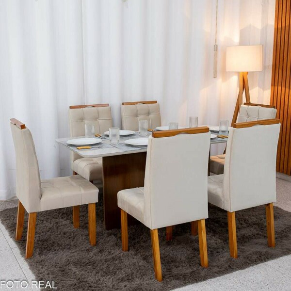 Mesa de Jantar Moscou 160x80 Vidro Off/Base Cinamomo + 6 Cad. Londres Veludo Avel Madeira Minas Plac - Entregue Montada