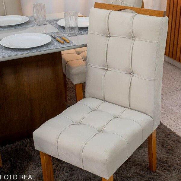 Mesa de Jantar Moscou 160x80 Vidro Off/Base Cinamomo + 6 Cad. Londres Veludo Avel Madeira Minas Plac - Entregue Montada