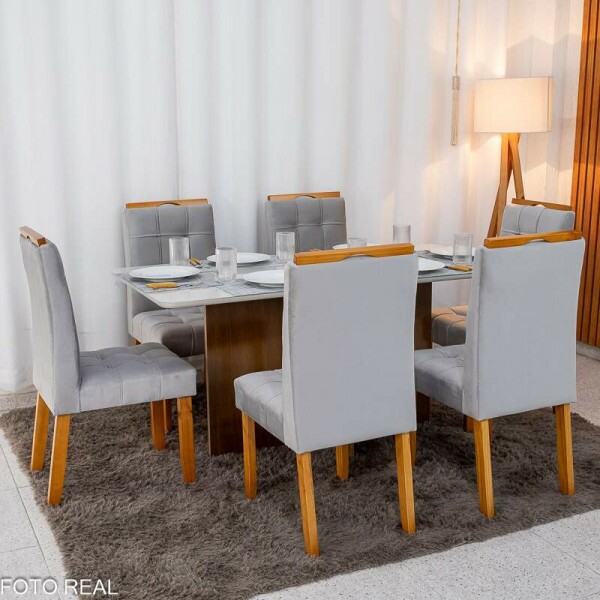Mesa de Jantar Moscou 160x80 Vidro Off/Base Cinamomo + 6 Cad. Londres Veludo Prata Madeira Minas Plac - Entregue Montada