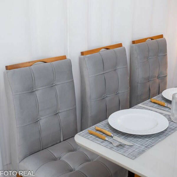 Mesa de Jantar Moscou 160x80 Vidro Off/Base Cinamomo + 6 Cad. Londres Veludo Prata Madeira Minas Plac - Entregue Montada