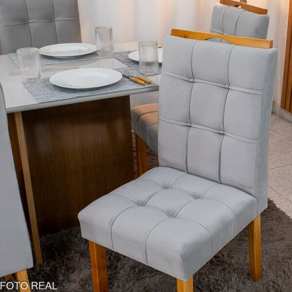 Mesa de Jantar Moscou 160x80 Vidro Off/Base Cinamomo + 6 Cad. Londres Veludo Prata Madeira Minas Plac - Entregue Montada