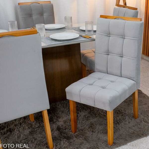 Mesa de Jantar Moscou 160x80 Vidro Off/Base Cinamomo + 6 Cad. Londres Veludo Prata Madeira Minas Plac - Entregue Montada