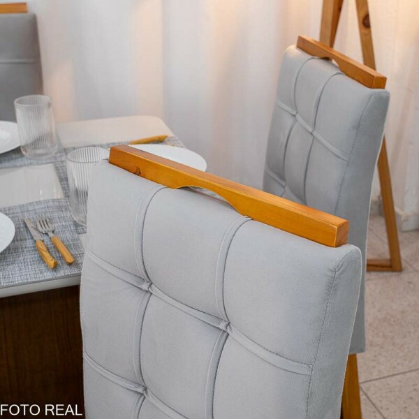Mesa de Jantar Moscou 160x80 Vidro Off/Base Cinamomo + 6 Cad. Londres Veludo Prata Madeira Minas Plac - Entregue Montada