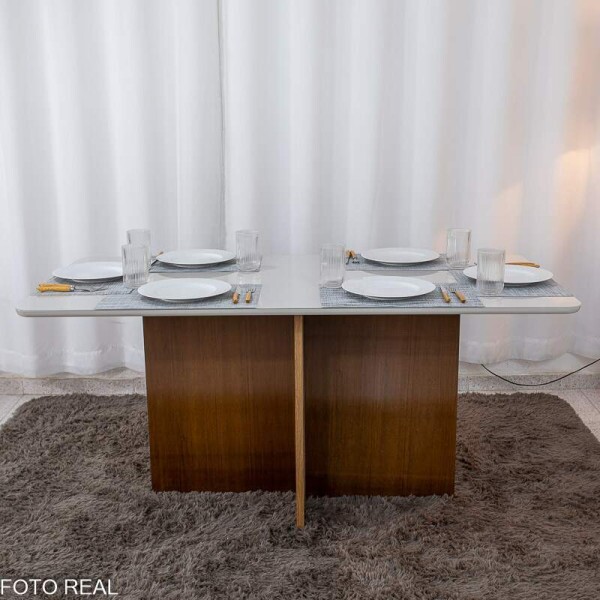 Mesa de Jantar Moscou 160x80 Vidro Off/Base Cinamomo + 6 Cad. Londres Veludo Prata Madeira Minas Plac - Entregue Montada