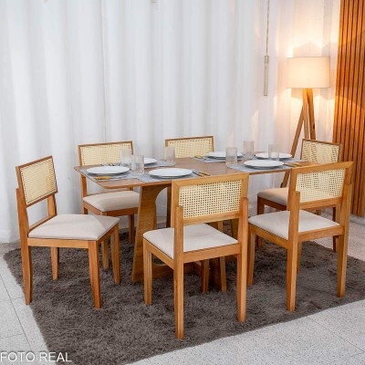 Mesa de Jantar Dubai 160x80 Tampo Londres Cinamomo Cel Mveis + 6 Cad. Santorini Linho Bege Madeira - Minas Plac