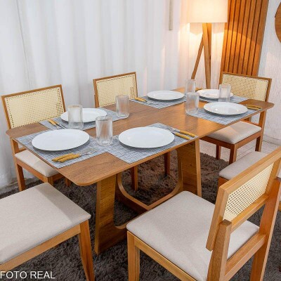 Mesa de Jantar Dubai 160x80 Tampo Londres Cinamomo Cel Mveis + 6 Cad. Santorini Linho Bege Madeira - Minas Plac