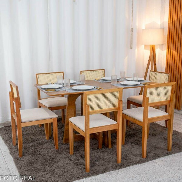 Mesa de Jantar Dubai 160x80 Tampo Londres Cinamomo Cel Mveis + 6 Cad. Santorini Linho Bege Madeira - Minas Plac
