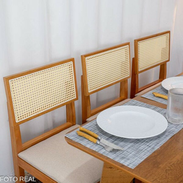 Mesa de Jantar Dubai 160x80 Tampo Londres Cinamomo Cel Mveis + 6 Cad. Santorini Linho Bege Madeira - Minas Plac