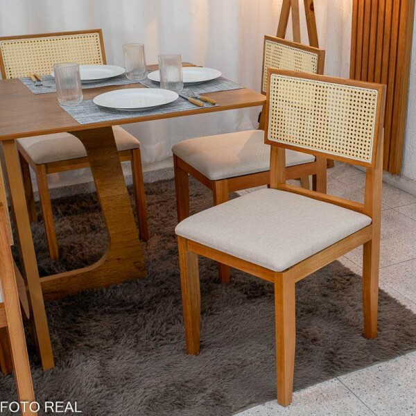 Mesa de Jantar Dubai 160x80 Tampo Londres Cinamomo Cel Mveis + 6 Cad. Santorini Linho Bege Madeira - Minas Plac