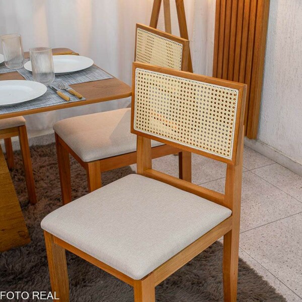 Mesa de Jantar Dubai 160x80 Tampo Londres Cinamomo Cel Mveis + 6 Cad. Santorini Linho Bege Madeira - Minas Plac