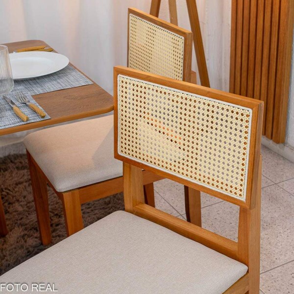 Mesa de Jantar Dubai 160x80 Tampo Londres Cinamomo Cel Mveis + 6 Cad. Santorini Linho Bege Madeira - Minas Plac