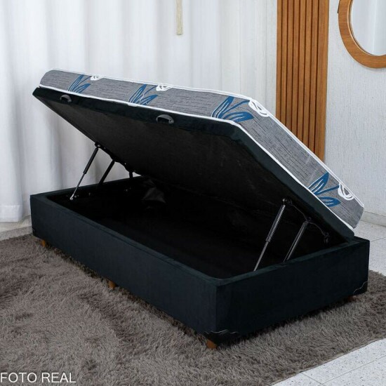 Box Ba Solt. Pop Veludo Preto Nature + Colcho Solt. Soffie Lotus 100% Espuma D20 88x188x49 - Nosso Sonho