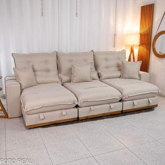 Sof Retrtil Reclinvel Mnaco 3.20m Linho Bege A57 - Molas Ensacadas