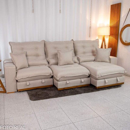 Sof Retrtil Reclinvel Mnaco 3.20m Linho Bege A57 - Molas Ensacadas