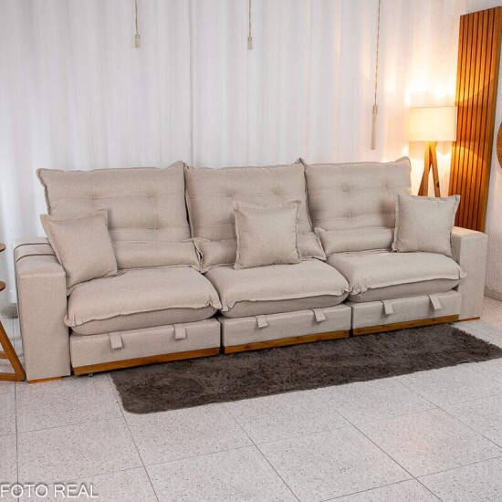 Sof Retrtil Reclinvel Mnaco 3.20m Linho Bege A57 - Molas Ensacadas