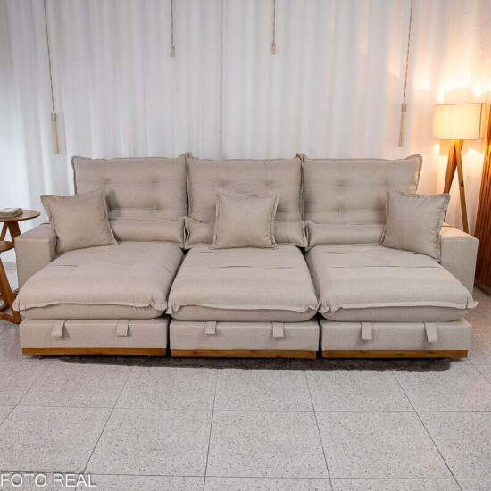 Sof Retrtil Reclinvel Mnaco 3.20m Linho Bege A57 - Molas Ensacadas