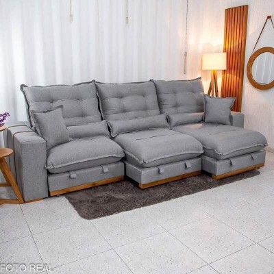 Sof� Retr�til Reclin�vel M�naco 3.20m Linho Cinza A59 - Molas Ensacadas