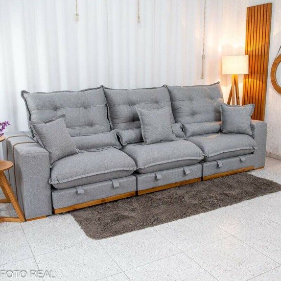 Sof Retrtil Reclinvel Mnaco 3.20m Linho Cinza A59 - Molas Ensacadas