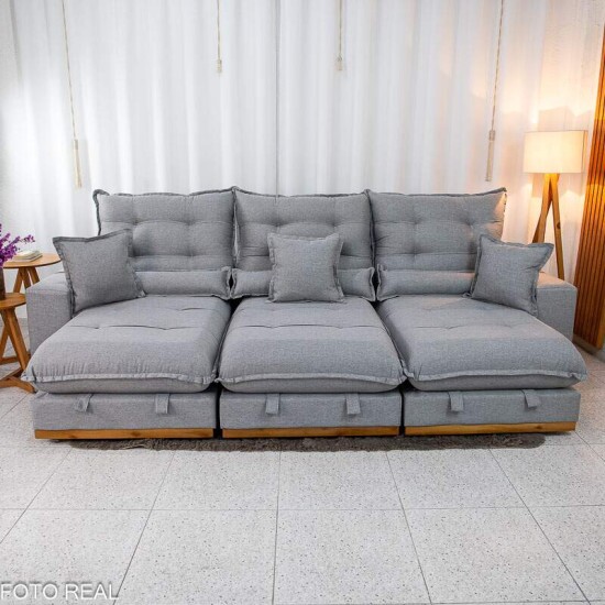 Sof Retrtil Reclinvel Mnaco 3.20m Linho Cinza A59 - Molas Ensacadas