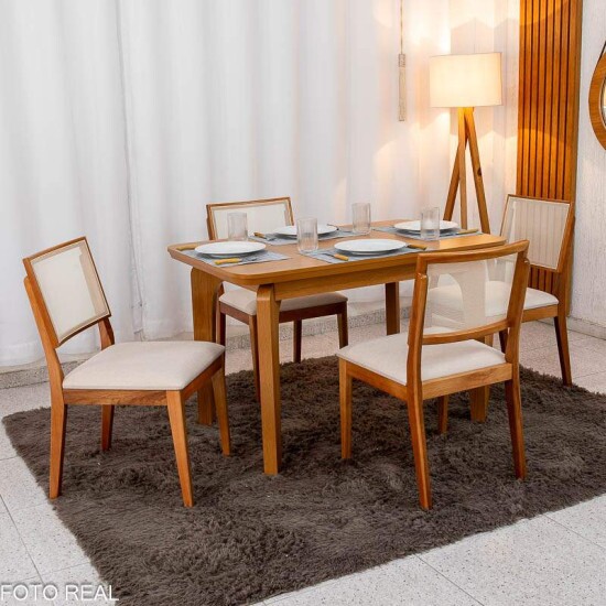 Mesa de Jantar Londrina 120x80 Cinamomo Rufato + 4 Cadeiras Dubai Linho Bege 629 Art Assento - Entregue Montada