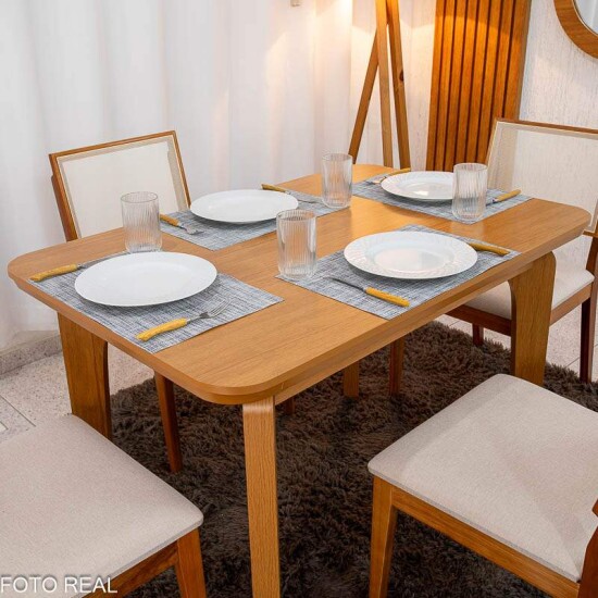 Mesa de Jantar Londrina 120x80 Cinamomo Rufato + 4 Cadeiras Dubai Linho Bege 629 Art Assento - Entregue Montada