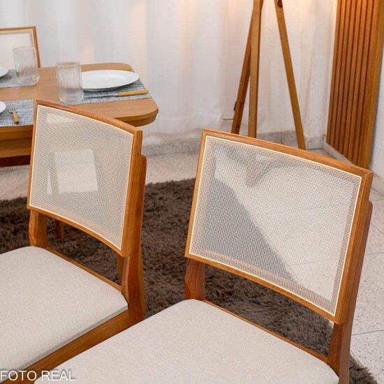 Mesa de Jantar Londrina 120x80 Cinamomo Rufato + 4 Cadeiras Dubai Linho Bege 629 Art Assento - Entregue Montada
