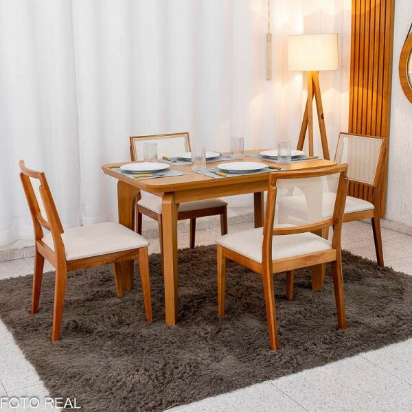 Mesa de Jantar Londrina 120x80 Cinamomo Rufato + 4 Cad. Dubai Linho Bege Madeira - Art Assento