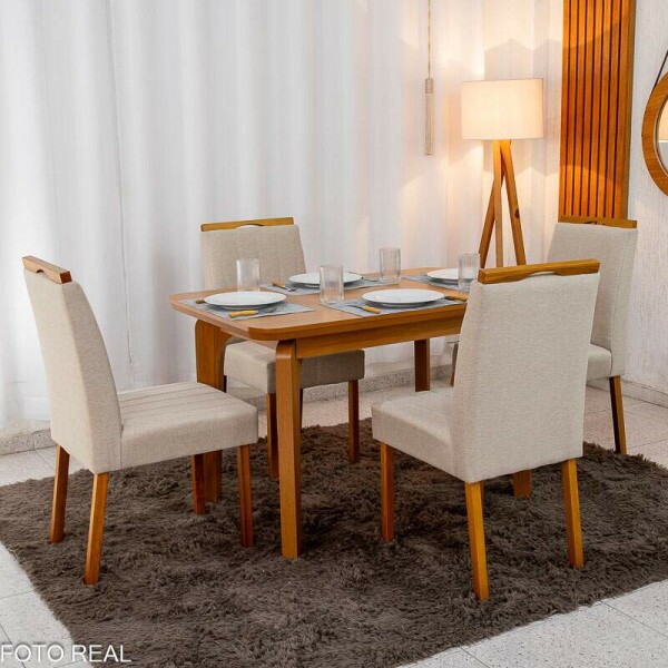 Mesa de Jantar Londrina 120x80 Cinamomo Rufato + 4 Cad. Isabela Linho Bege 01 Madeira - KM Decor